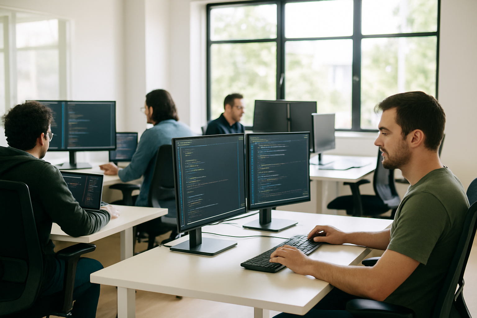 современный офис с разработчиками при дневном освещении